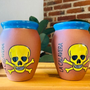 2 Mexican Lottery Cups -the CALAVERA-day of the dead- Cantarito Clay Cup - Jarrito Cup, MEXICAN clay !!!WHOLESALE!!