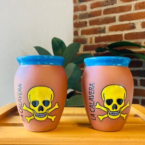 2 Mexican Lottery Cups -the CALAVERA-day of the dead- Cantarito Clay Cup - Jarrito Cup, MEXICAN clay !!!WHOLESALE!!