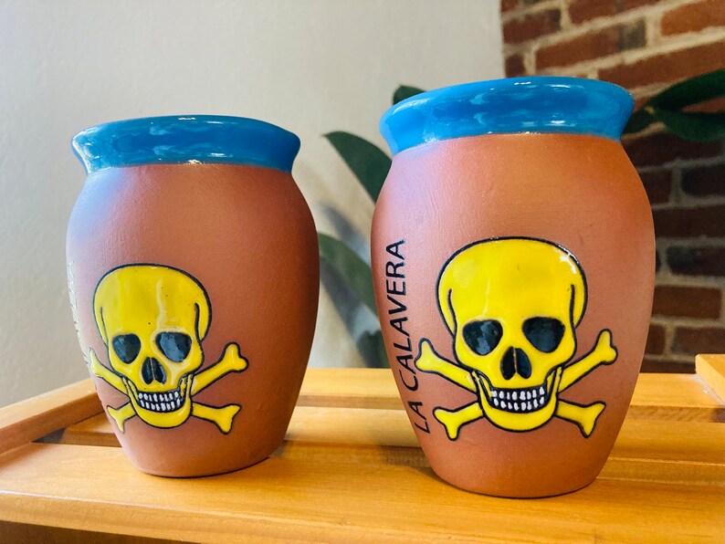 2 Mexican Lottery Cups -the CALAVERA-day of the dead- Cantarito Clay Cup - Jarrito Cup, MEXICAN clay !!!WHOLESALE!!