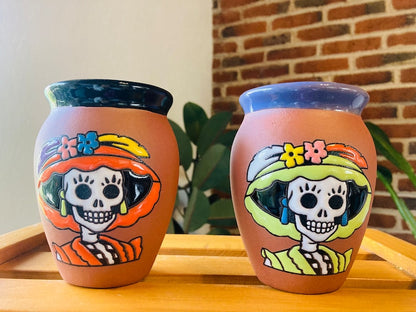 2 Mexican Lottery Cups -CATRINA-day of the dead- Cantarito Clay Cup - Jarrito Cup, MEXICAN clay !!!WHOLESALE!!