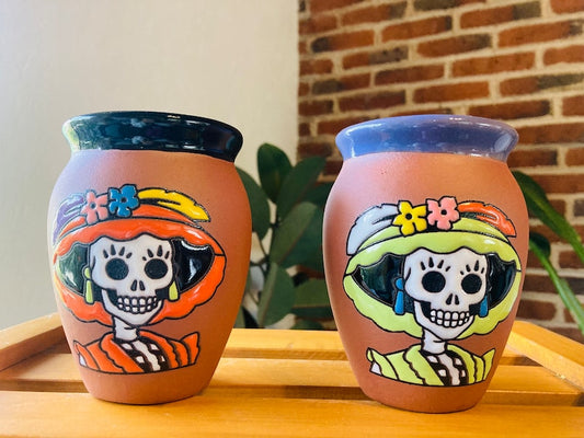 2 Mexican Lottery Cups -CATRINA-day of the dead- Cantarito Clay Cup - Jarrito Cup, MEXICAN clay !!!WHOLESALE!!