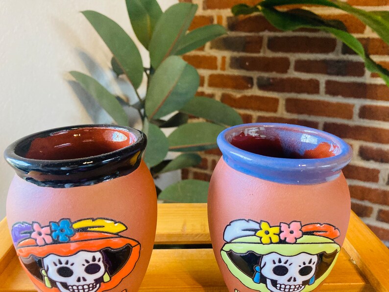 2 Mexican Lottery Cups -CATRINA-day of the dead- Cantarito Clay Cup - Jarrito Cup, MEXICAN clay !!!WHOLESALE!!