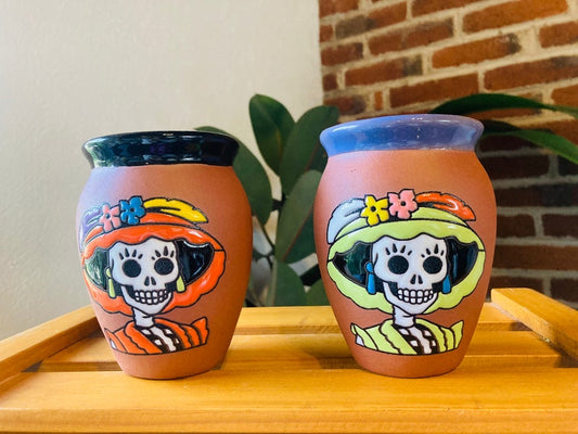2 Mexican Lottery Cups -CATRINA-day of the dead- Cantarito Clay Cup - Jarrito Cup, MEXICAN clay !!!WHOLESALE!!