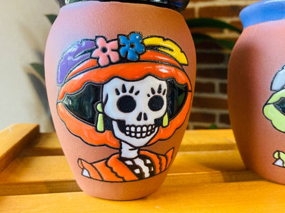 2 Mexican Lottery Cups -CATRINA-day of the dead- Cantarito Clay Cup - Jarrito Cup, MEXICAN clay !!!WHOLESALE!!