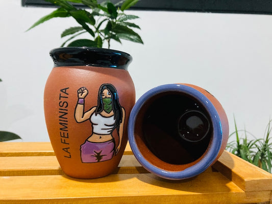 1 Mexican Lottery Cup - LA FEMINISTA- Cantarito Clay Cup - Jarrito Cup, Mexican clay !!!WHOLESALE!!