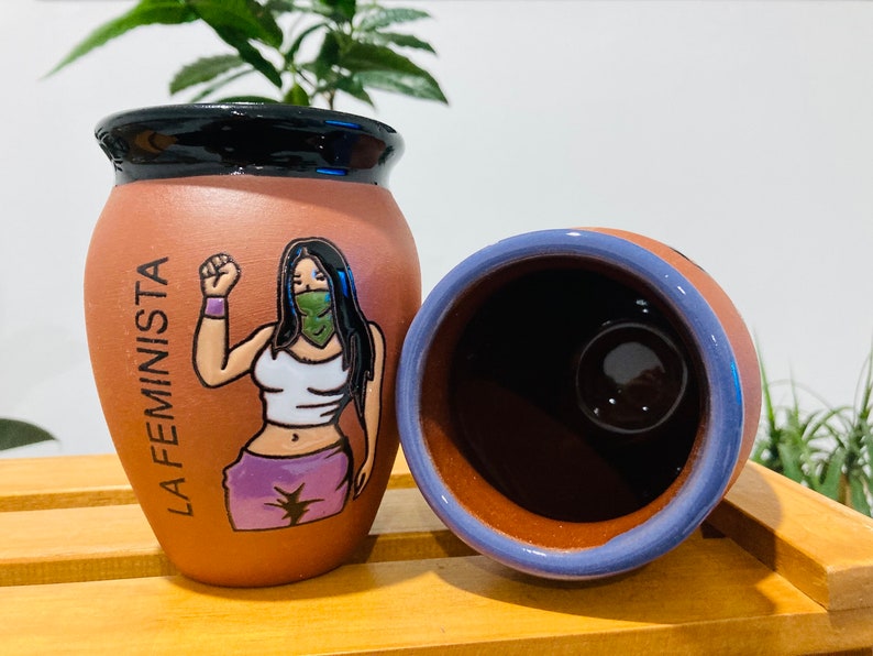 1 Mexican Lottery Cup - LA FEMINISTA- Cantarito Clay Cup - Jarrito Cup, Mexican clay !!!WHOLESALE!!