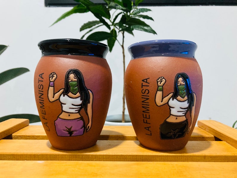 1 Mexican Lottery Cup - LA FEMINISTA- Cantarito Clay Cup - Jarrito Cup, Mexican clay !!!WHOLESALE!!