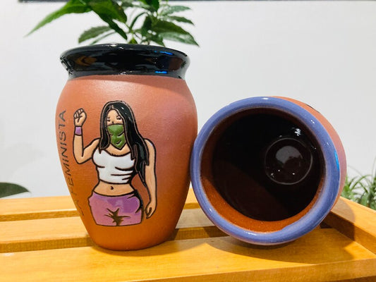 1 Mexican Lottery Cup - LA FEMINISTA- Cantarito Clay Cup - Jarrito Cup, Mexican clay !!!WHOLESALE!!
