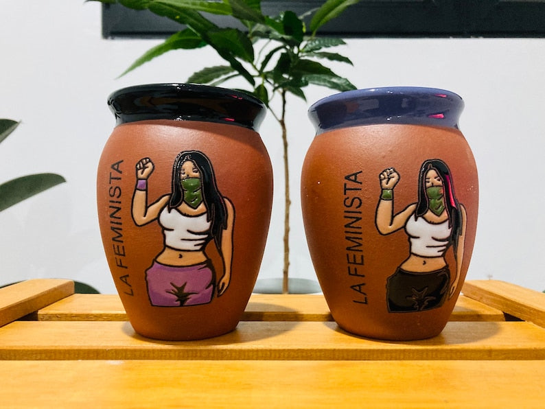 1 Mexican Lottery Cup - LA FEMINISTA- Cantarito Clay Cup - Jarrito Cup, Mexican clay !!!WHOLESALE!!