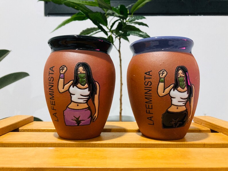 1 Mexican Lottery Cup - LA FEMINISTA- Cantarito Clay Cup - Jarrito Cup, Mexican clay !!!WHOLESALE!!