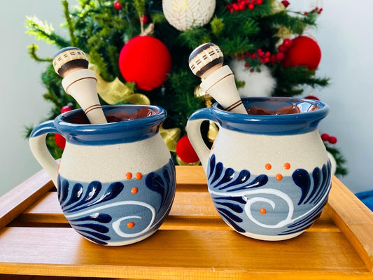 Two mugs and two grinders to make a delicious hot chocolate, MEXICAN cup painted by HAND !!!wholesale too!!!