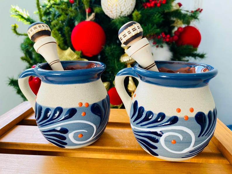 Two mugs and two grinders to make a delicious hot chocolate, MEXICAN cup painted by HAND !!!wholesale too!!!