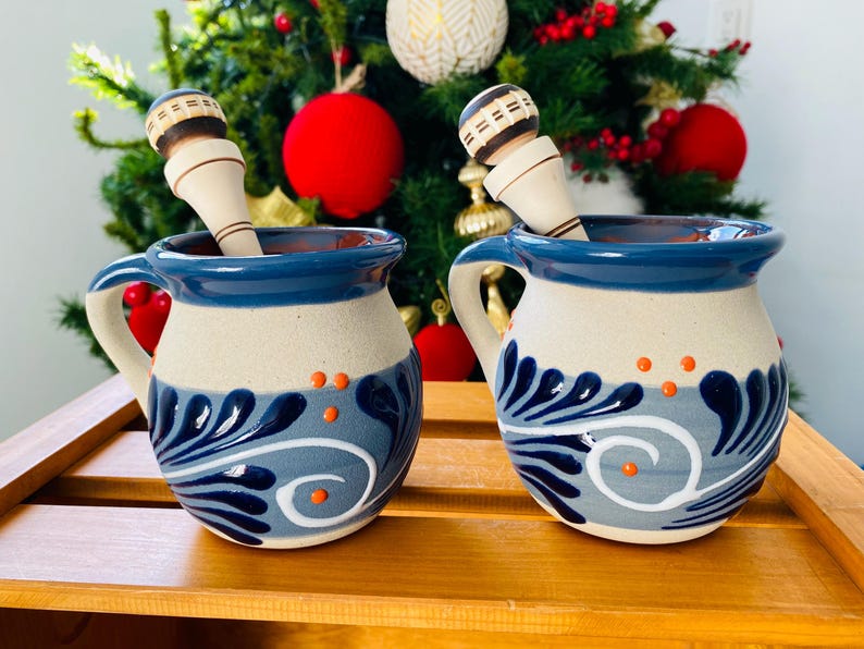 Two mugs and two grinders to make a delicious hot chocolate, MEXICAN cup painted by HAND !!!wholesale too!!!