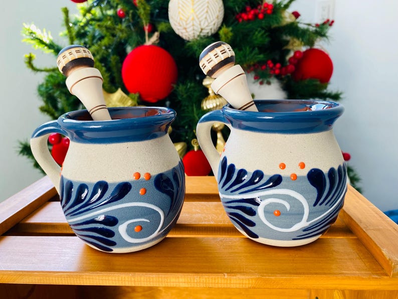 Two mugs and two grinders to make a delicious hot chocolate, MEXICAN cup painted by HAND !!!wholesale too!!!
